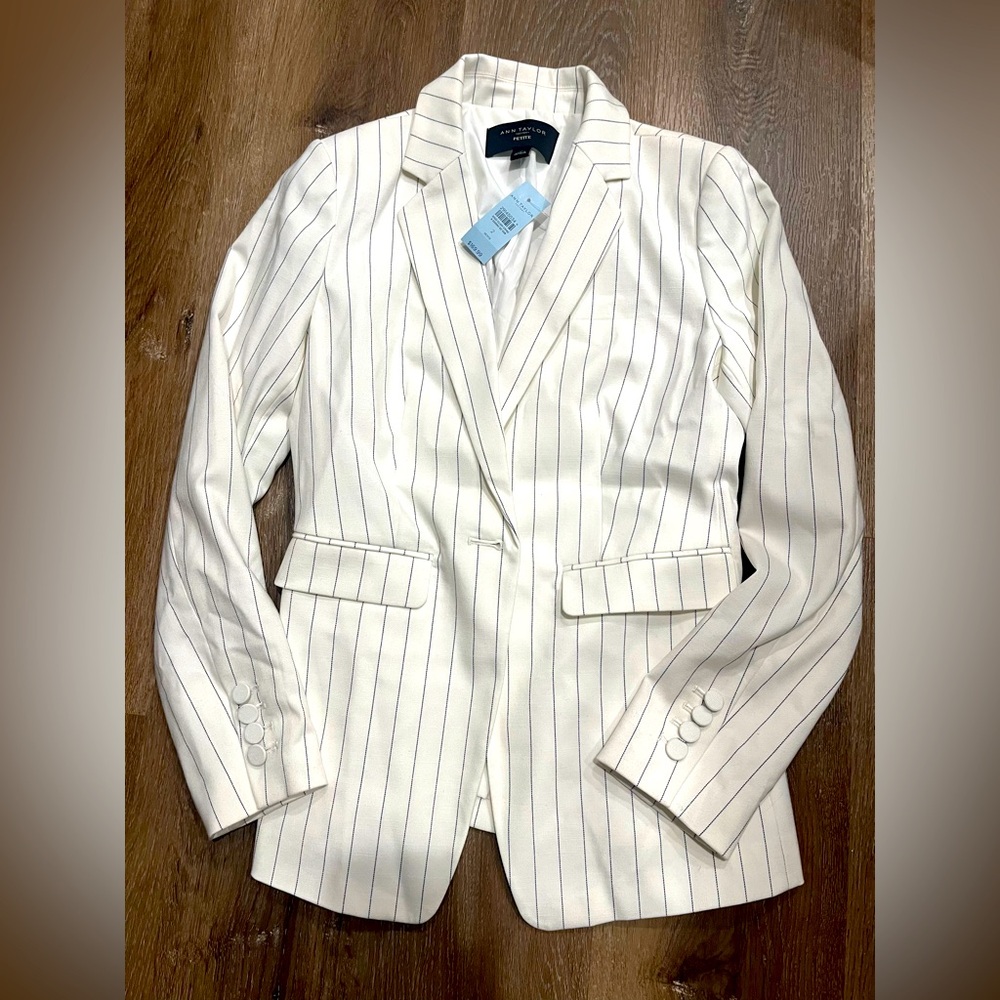 And Taylor, white and blue pinstripe blazer jacket